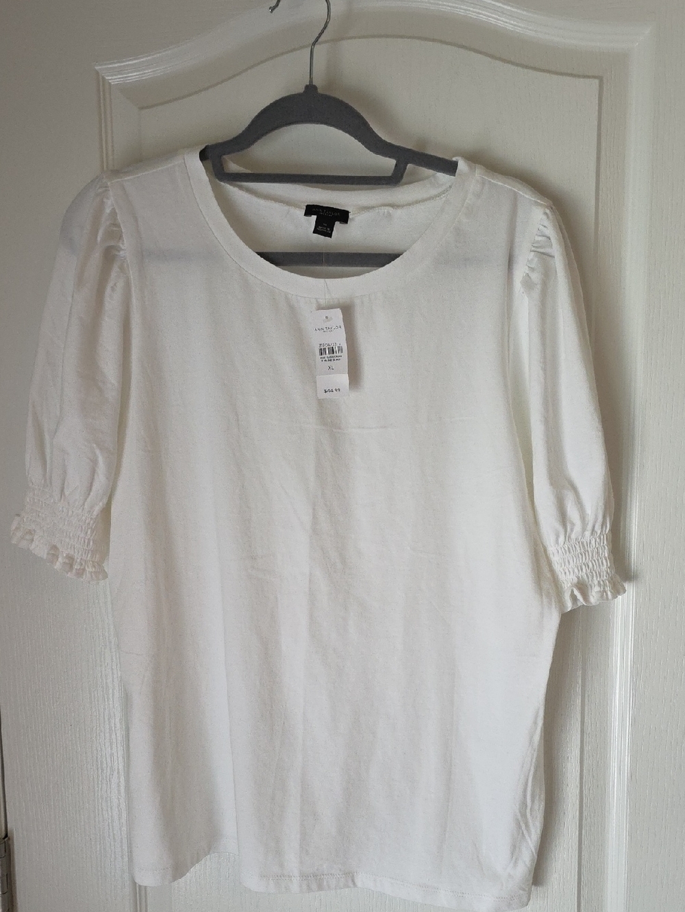 Ann Taylor Factory White Puff-Sleeve Smocked Cuff Cotton Tee